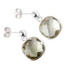Load image into Gallery viewer, Green amethyst silver surround square post earrings