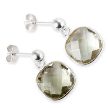 Load image into Gallery viewer, Green amethyst silver surround square post earrings
